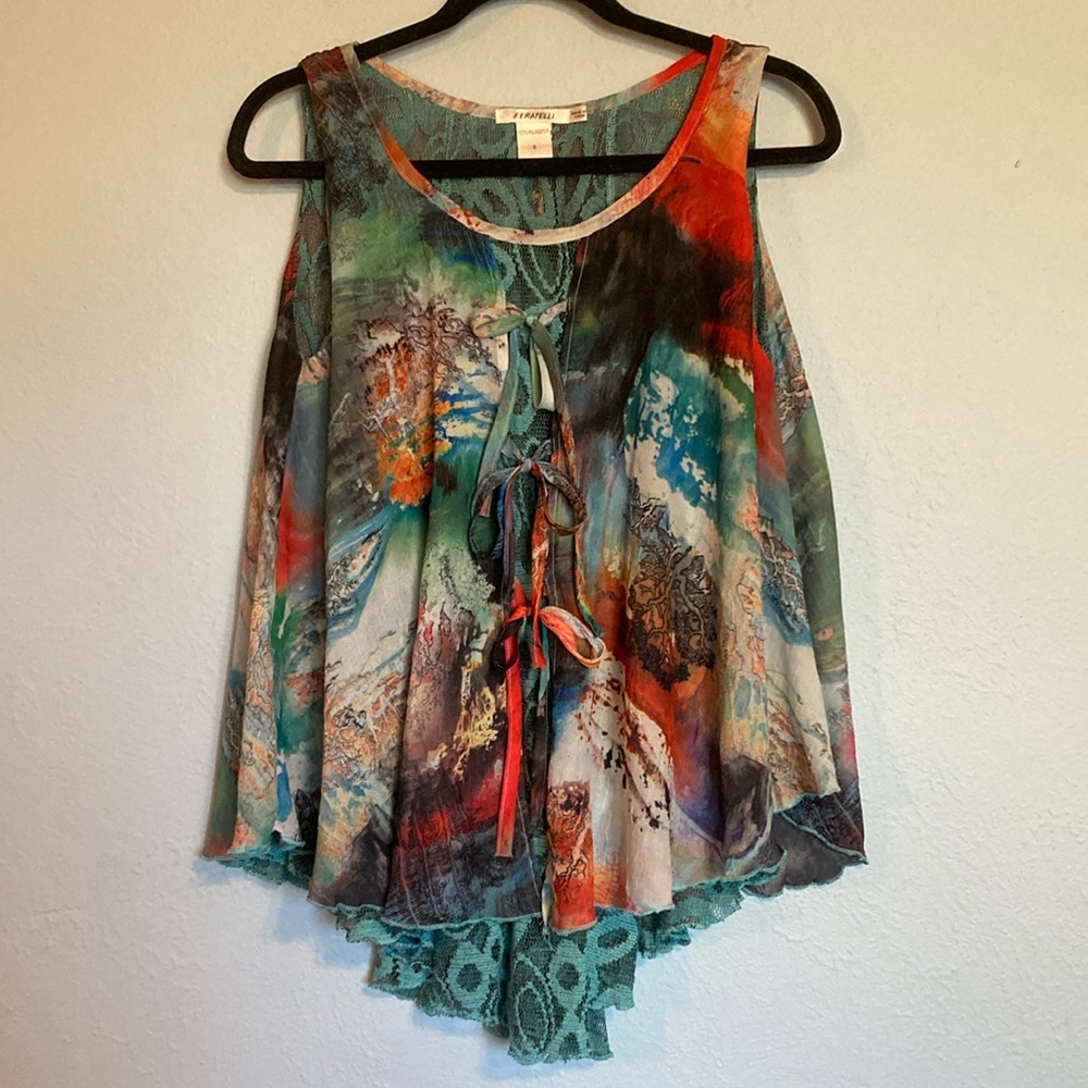 Feratelli Womens Sz S Watercolor Art to Wear Tie Front Teal Lace Lined Tank Top